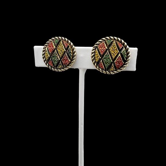 Sarah Coventry Mosaic Necklace Round Pendant and Clip Earrings Set Colorful Vtg - Picture 7 of 12